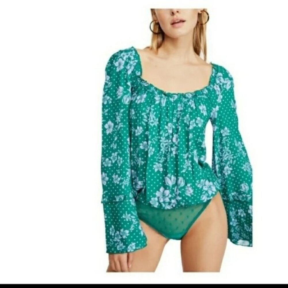 Free People Green Floral Bell Sleeve Bodysuit
